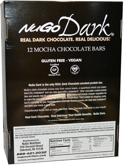 運動，蛋白質棒 - NuGo Nutrition, Organic Protein Bars, Dark Mocha Chocolate, 12 Bars, 1.76 oz (50 g) Each
