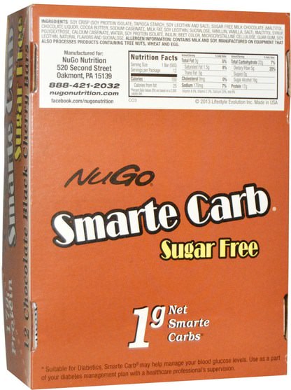 運動，蛋白質棒 - NuGo Nutrition, Smarte Carb Sugar Free, Chocolate Black Cherry, 12 Bars, 1.76 oz (50 g) Each