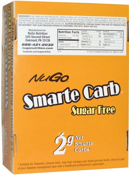 運動，蛋白質棒 - NuGo Nutrition, Smarte Carb Sugar Free, Peanut Butter Crunch Bars, 12 -1.76 oz (50 g) Bars