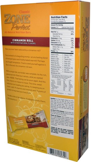 運動，蛋白質棒，營養棒 - ZonePerfect, Classic, All-Natural Nutrition Bars, Cinnamon Roll, 12 Bars, 1.76 oz (50 g) Each