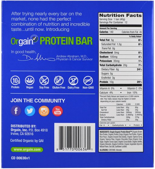 運動，蛋白質棒 - Orgain, Organic Plant-Based Protein Bar, Chocolate Chip Cookie Dough, 12 Bars, 1.41 oz (40 g) Each
