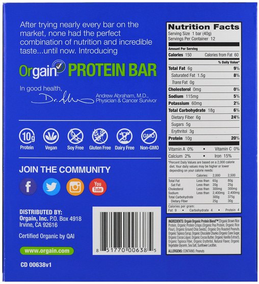 運動，蛋白質棒 - Orgain, Organic Plant-Based Protein Bar, Peanut Butter Chocolate Chunk, 12 Bars, 1.41 oz (40 g) Each