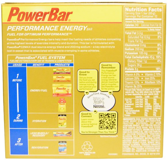 運動，蛋白質棒 - PowerBar, Performance Energy Bar, Vanilla Crisp, 12 Bars, 2.29 oz (65 g) Each