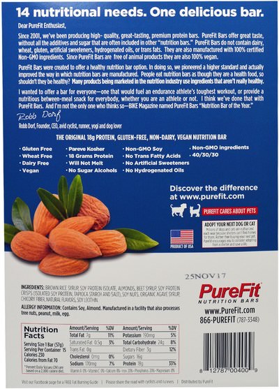 運動，蛋白質棒 - Pure Fit Bars, Premium Nutrition Bars, Almond Crunch, 15 Bars, 2 oz (57 g) Each
