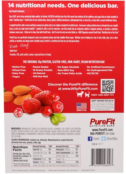 運動，蛋白質棒 - Pure Fit Bars, Premium Nutrition Bars, Berry Almond Crunch, 15 Bars, 2 oz (57 g) Each