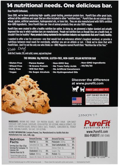 運動，蛋白質棒 - Pure Fit Bars, Premium Nutrition Bars, Peanut Butter Chocolate Chip, 15 Bars, 2 oz (57 g) Each