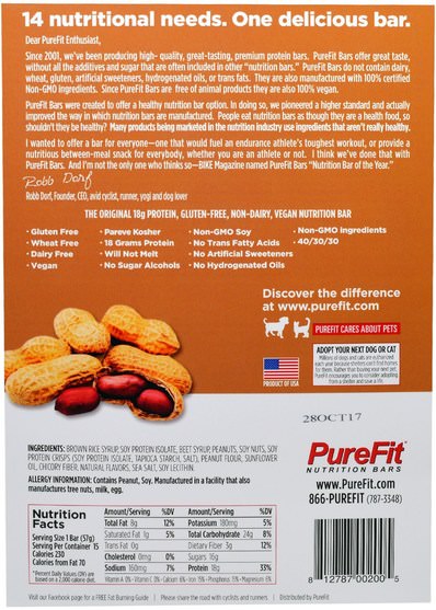 運動，蛋白質棒 - Pure Fit Bars, Premium Nutrition Bars, Peanut Butter Crunch, 15 Bars, 2 oz (57 g) Each