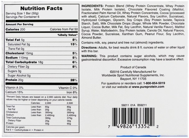 運動，蛋白質棒 - Pure Protein, Chew Chocolate Chip Bar, 6 Bars, 1.76 oz (50 g) Each