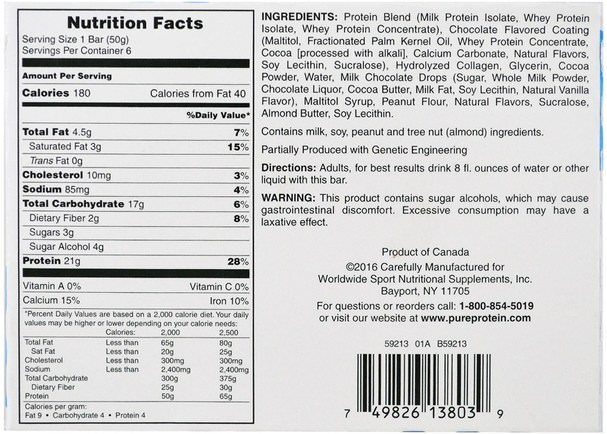 運動，蛋白質棒 - Pure Protein, Chocolate Deluxe Bar, 6 Bars, 1.76 oz (50 g) Each
