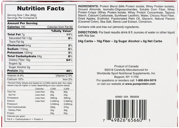 運動，蛋白質棒 - Pure Protein, Plus Bar, Apple Pie, 6 Bars, 2.11 oz (60 g) Each