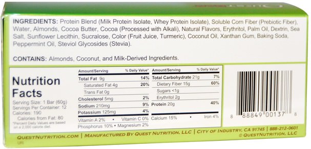 運動，蛋白質棒 - Quest Nutrition, Quest Bar, Protein Bar, Mint Chocolate, 12 Bars, 2.1 oz (60 g) Each