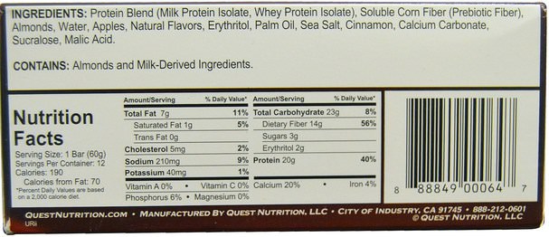 運動，蛋白質棒 - Quest Nutrition, QuestBar, Protein Bar, Apple Pie, 12 Bars, 2.1 oz (60 g) Each