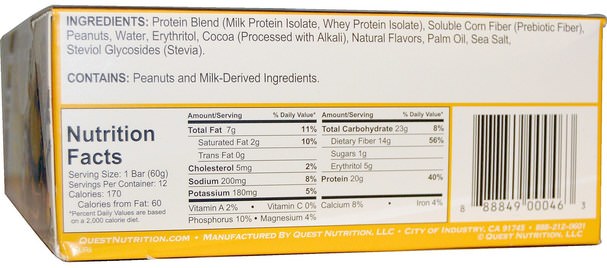 運動，蛋白質棒 - Quest Nutrition, QuestBar, Protein Bar, Chocolate Peanut Butter, 12 Bars, 2.1 oz (60 g) Each