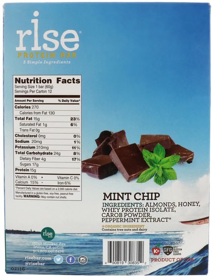 運動，蛋白質棒 - Rise Bar, Rise Protein Bar, Mint Chip, 12 Bars, 2.1 oz (60 g) Each