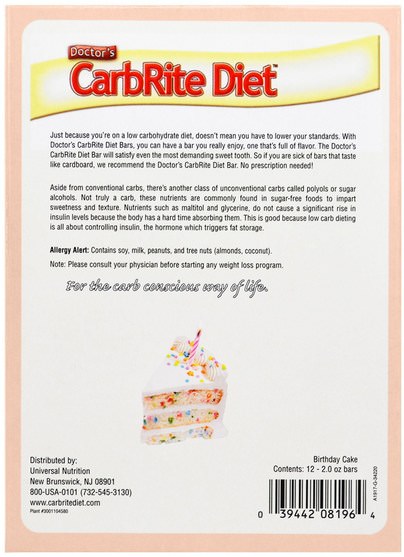 運動，蛋白質棒 - Universal Nutrition, Doctors CarbRite Diet Bar, Birthday Cake, 12 Bars, 2 oz (56.7 g) Each