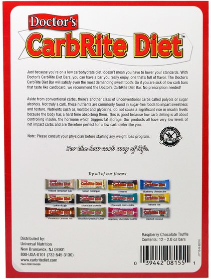 運動，蛋白質棒 - Universal Nutrition, Doctors CarbRite Diet, Sugar Free Bar, Raspberry Chocolate Truffle, 12 Bars, 2.00 oz (56.7 g) Each
