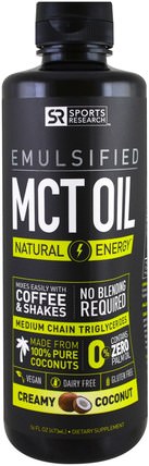 Emulsified, MCT Oil, Creamy Coconut, 16 fl oz (473 ml) by Sports Research, 食物，酮友好，能量，mct油 HK 香港