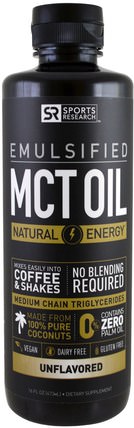Emulsified, MCT Oil, Unflavored, 16 fl oz (473 ml) by Sports Research, 食物，酮友好，能量，mct油 HK 香港