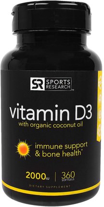 Vitamin D3 With Organic Coconut Oil, 2000 IU, 360 Softgels by Sports Research, 維生素，維生素D3 HK 香港