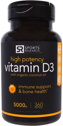 Vitamin D3 With Organic Coconut Oil, 5000 IU, 360 Softgels by Sports Research, 健康 HK 香港