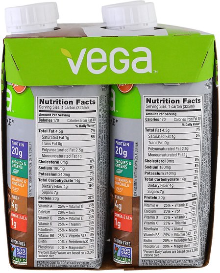 運動，運動，蛋白質 - Vega, Protein + Shake, Chocolate, 4 Pack, 11 fl oz (325 ml) Each