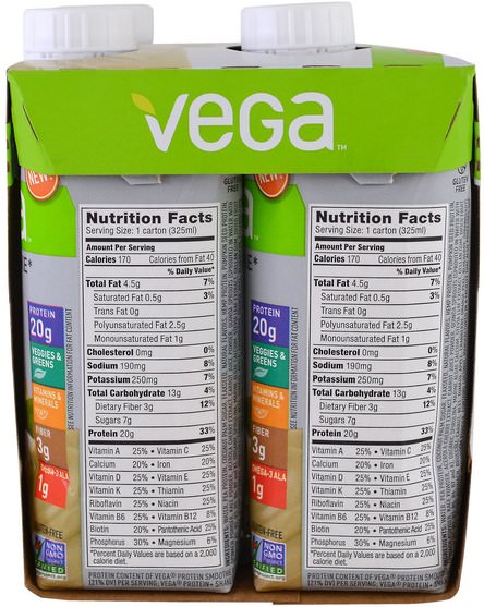 運動，運動，蛋白質 - Vega, Protein + Shake, Vanilla Flavored, 4 Cartons, 11 oz (325 ml) Each