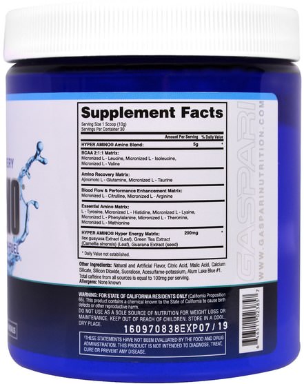 運動，補品，氨基酸 - Gaspari Nutrition, HyperAmino, Blue Raspberry, 10.58 oz (300 g)