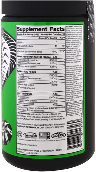 運動，補品，bcaa（支鏈氨基酸） - Cobra Labs, Daily Amino, Energy, Crisp Green Apple, 9.0 oz (255 g)