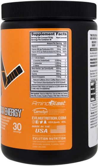 運動，補品，bcaa（支鏈氨基酸） - EVLution Nutrition, BCAA Energy, Peach Lemonade, 11.4 oz (324 g)