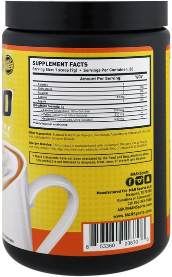 運動，補品，bcaa（支鏈氨基酸） - MAN Sport, ISO-Amino Coffee Creamer Bliss, Pumpkin Spice, 7.41 oz (210 g)