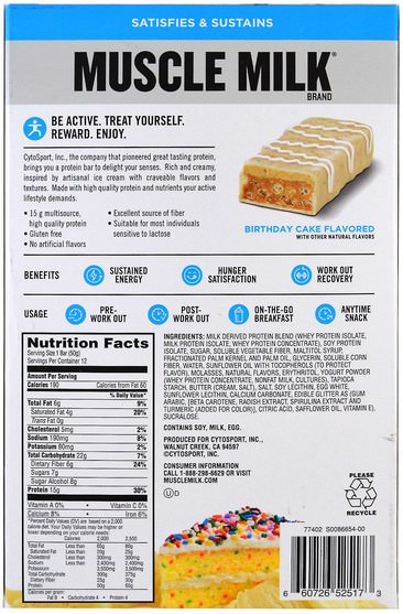 運動，補品，蛋白質 - Cytosport, Inc, Muscle Milk, Protein Bar, Birthday Cake, 12 Bars, 1.76 oz (50 g) Each