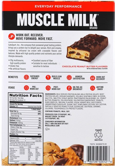 運動，補品，蛋白質 - Cytosport, Inc, Muscle Milk, Protein Bar, Chocolate Peanut Butter, 12 Bars, 2.25 oz (64 g) Each