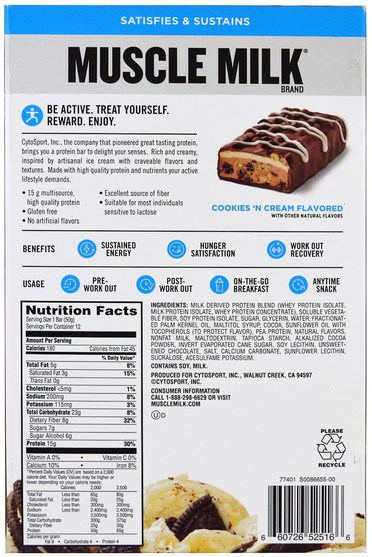 運動，補品，蛋白質 - Cytosport, Inc, Muscle Milk, Protein Bar, Cookies N Cream, 12 Bars, 1.76 oz (50 g) Each