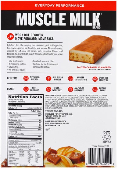 運動，補品，蛋白質 - Cytosport, Inc, Muscle Milk, Protein Bar, Salted Caramel, 12 Bars, 2.25 oz (64 g) Each