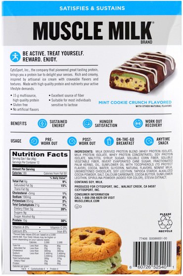 運動，補品，蛋白質 - Cytosport, Inc, Muscle Milk, Protein, Mint Cookie Crunch, 12 Bars, 1.72 oz (49 g) Each