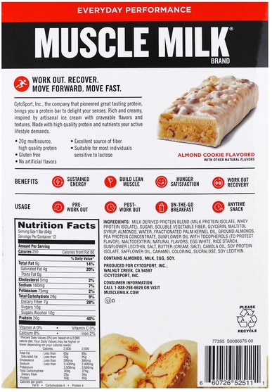 運動，補品，蛋白質 - Cytosport, Inc, Muscle Milk Red Bar, Almond Cookie, 12 Bars, 2.25 oz (64 g) Each