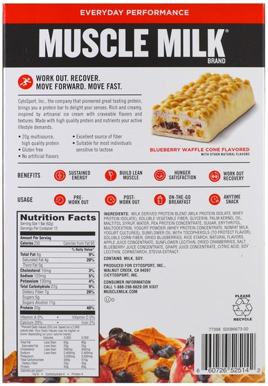 運動，補品，蛋白質 - Cytosport, Inc, Muscle Milk Red Bar, Blueberry Waffle Cone, 12 Bars, 2.18 oz (62 g) Each