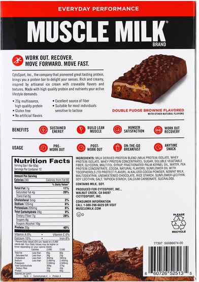 運動，補品，蛋白質 - Cytosport, Inc, Muscle Milk Red Bar, Fudge Brownie, 12 Bars, 2.22 oz (63 g) Each