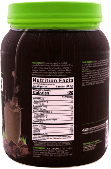 運動，補品，蛋白質 - MusclePharm Natural, Grass-Fed Whey, Natural Whey Protein Drink Mix, Chocolate, 1 lbs (455 g)