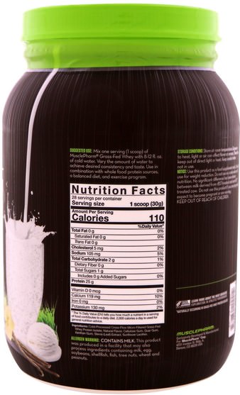 運動，補品，蛋白質 - MusclePharm Natural, Grass-Fed Whey, Natural Whey Protein Powder Drink Mix, Vanilla, 1.85 lbs (840 g)