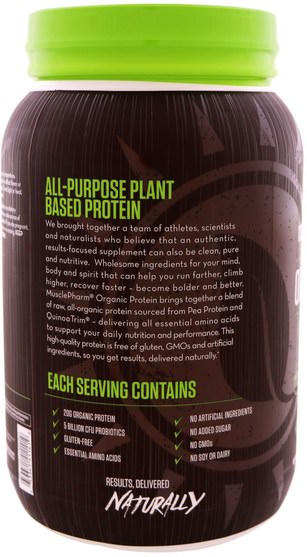 運動，補品，蛋白質 - MusclePharm Natural, Organic Protein, Plant-Based Performance, Vanilla, 2.5 lbs (1.13 kg)