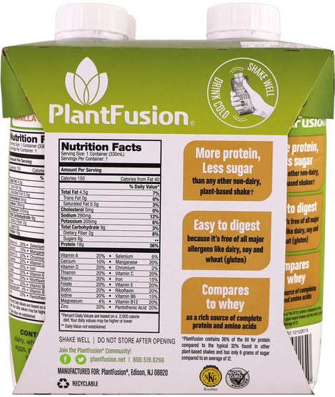 運動，補品，蛋白質 - PlantFusion, Complete Plant Protein, Vanilla Bean, 4 Pack, 11 fl oz (330 ml) Each