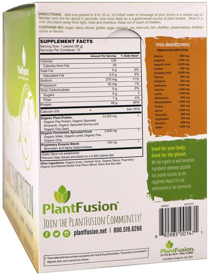 運動，補品，蛋白質 - PlantFusion, Organic Plant Protein, Vanilla Chai, 12 Packets, 1.06 oz (30 g) Each