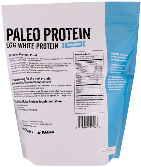 運動，補品，蛋白質 - The Julian Bakery, Paleo Protein, Egg White Protein, Unflavored, 2 lbs (907 g)