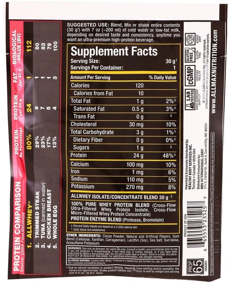 運動，補品，乳清蛋白 - ALLMAX Nutrition, AllWhey Gold, 100% Whey Protein + Premium Whey Protein Isolate, Chocolate, 1.06 oz (30 g)