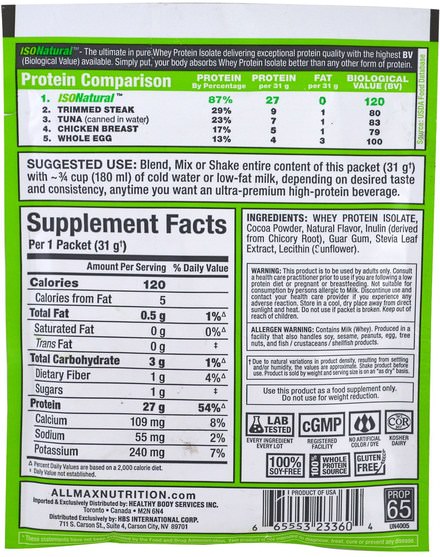 運動，補品，乳清蛋白 - ALLMAX Nutrition, IsoNatural, 100% Ultra-Pure Natural Whey Protein Isolate (WPI90), Chocolate, 31 g