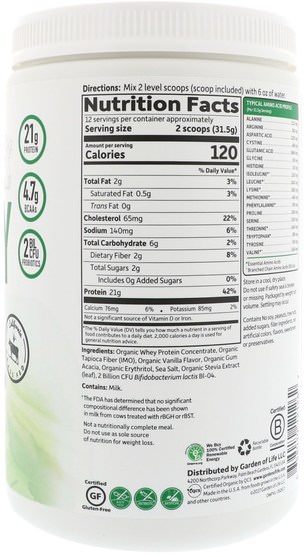 運動，補品，乳清蛋白 - Garden of Life, Organic Whey Protein Grass Fed, Vanilla, 13.37 oz (379 g)