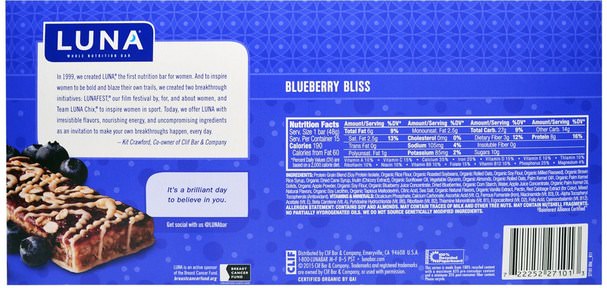 運動，女性運動產品，營養棒 - Clif Bar, Luna, Whole Nutrition Bar for Women, Blueberry Bliss, 15 Bars, 1.69 oz (48 g) Each