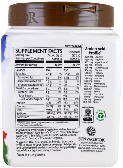 運動，鍛煉，蛋白質 - Sunwarrior, Warrior Blend, Plant-Based Organic Protein, Chocolate, 13.2 oz (375 g)