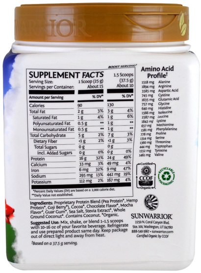 運動，鍛煉，蛋白質 - Sunwarrior, Warrior Blend, Plant-Based Organic Protein, Mocha, 13.2 oz (375 g)